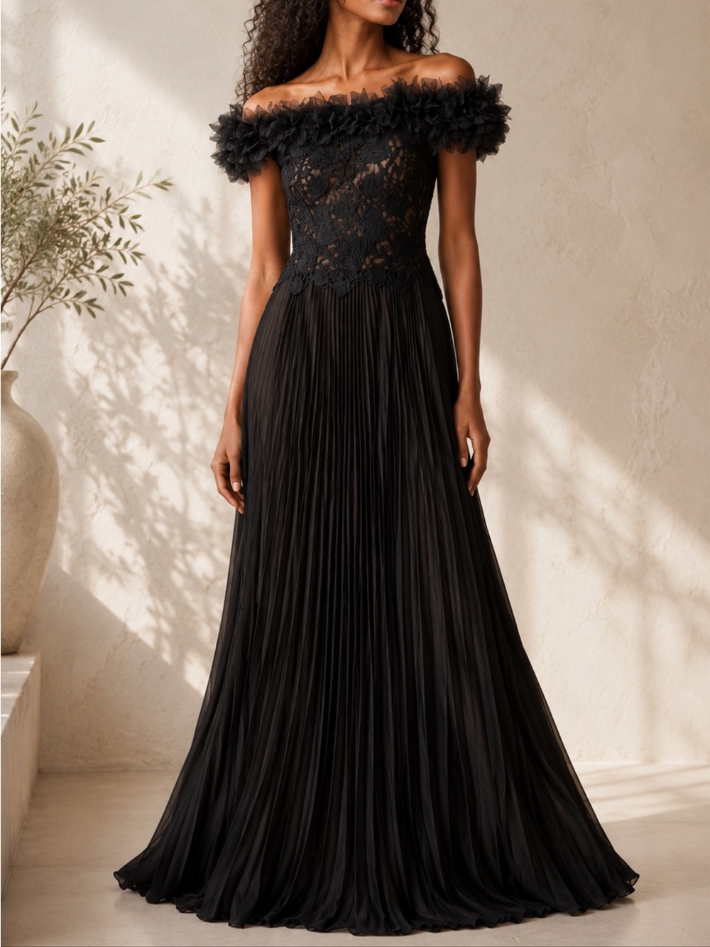 Tadashi Shoji Margaux Lace Bodice Floral Ruffle Trim Black  Gown Pleated Dress
